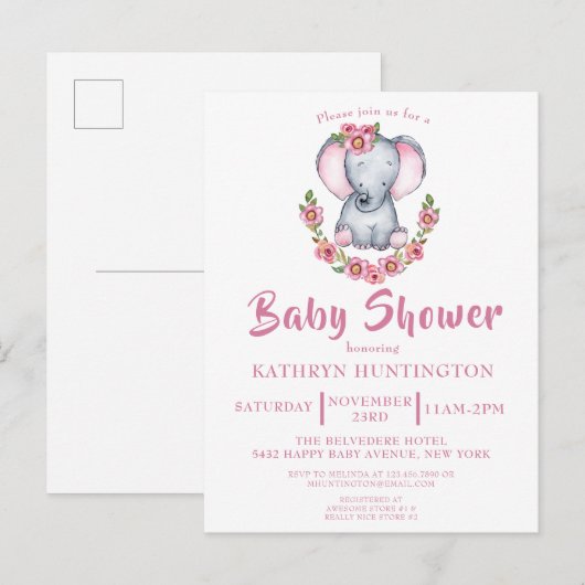 Cute Floral Elephant Pink Baby shower Invitation P Uitnodiging Briefkaart (Voorkant / Achterkant)