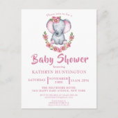 Cute Floral Elephant Pink Baby shower Invitation P Uitnodiging Briefkaart (Voorkant)