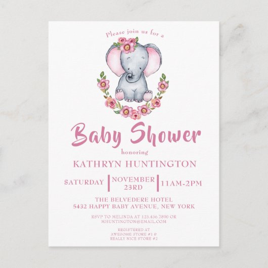 Cute Floral Elephant Pink Baby shower Invitation P Uitnodiging Briefkaart (Voorkant)