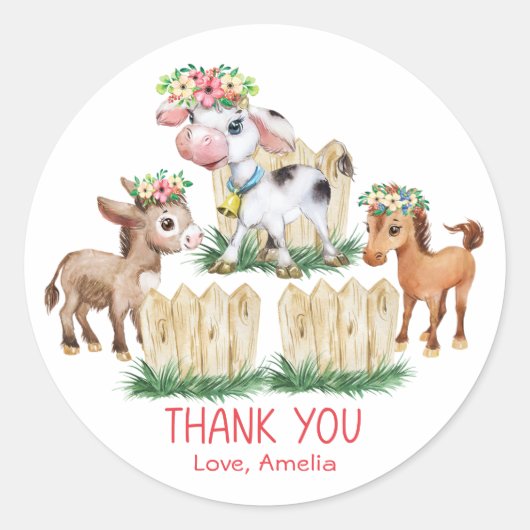 Cute Floral Farm Animals Hartelijk dank Ronde Sticker (Voorkant)