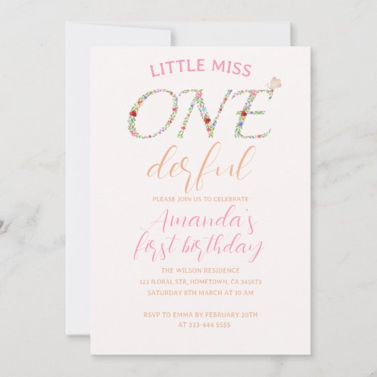 Cute Floral First Birthday Little Miss ONE Derful Kaart (Voorkant)