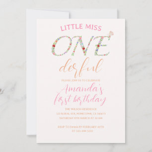 Cute Floral First Birthday Little Miss ONE Derful Kaart