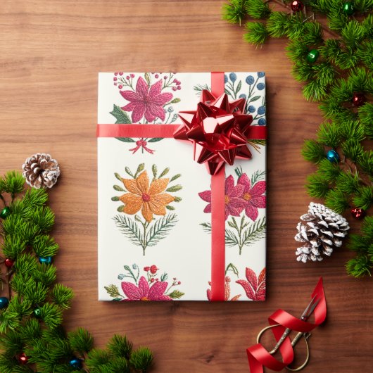 Cute Floral Folk Christmas Cadeaupapier (Feestdagen Geschenken)