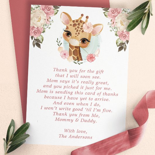 Cute Floral Giraffe Baby shower Bedankkaart