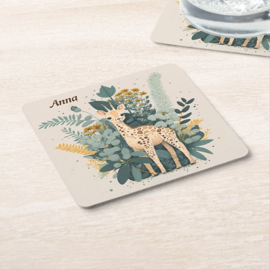 Cute floral giraffe kartonnen onderzetters (Schuin)