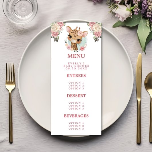 Cute Floral Giraffe Waterverf Girl Baby shower Menu