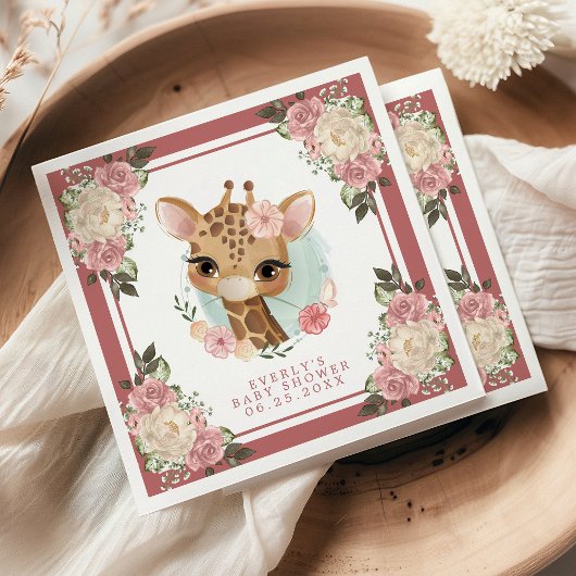 Cute Floral Giraffe Waterverf Girl Baby shower Servet