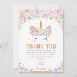 Cute Floral Happy Unicorn Girl 1e verjaardag Bedankkaart