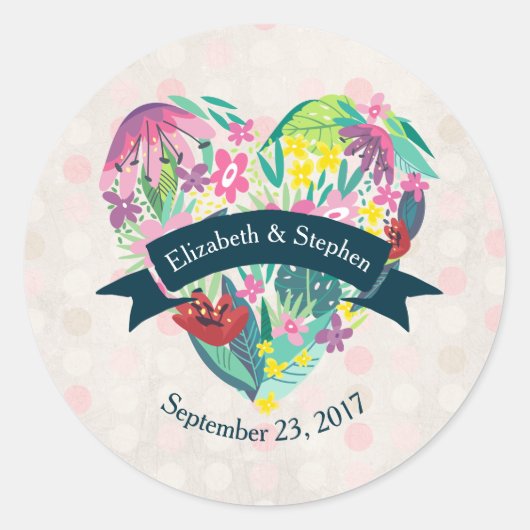 Cute Floral Heart met Tropical Flowers Wedding Ronde Sticker (Voorkant)