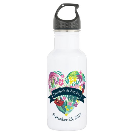 Cute Floral Heart met Tropical Flowers Wedding Waterfles (Voorkant)