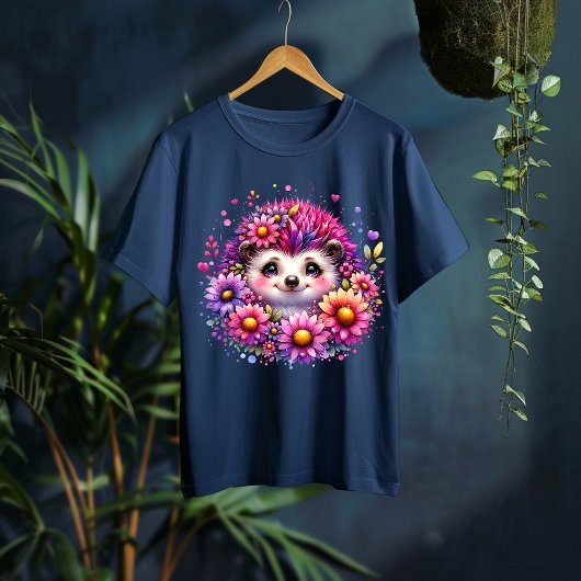 Cute Floral Hedgehog Illustration T-Shirt