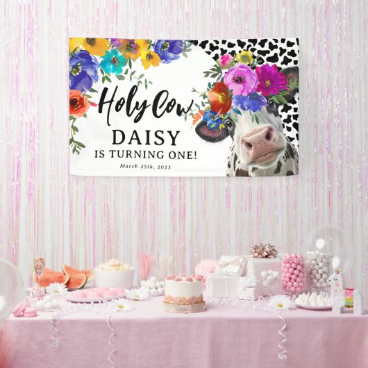 Cute Floral Heilige Koe Kinderen Birthday Party Spandoek (Feest)