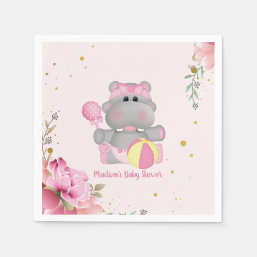 Cute Floral Hippo Baby shower Paper Servet (Voorkant)