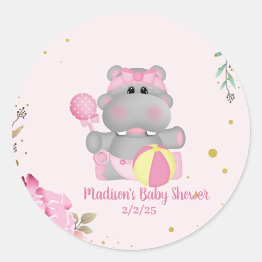 Cute Floral Hippo Baby shower Ronde Sticker (Voorkant)