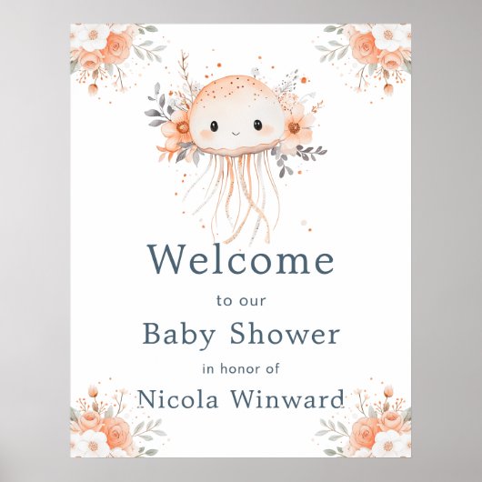 Cute Floral Jellyfish Baby Shower Welcome Poster (Voorkant)