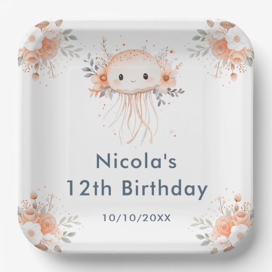 Cute Floral Jellyfish Birthday Party Papieren Bordje (Voorkant)
