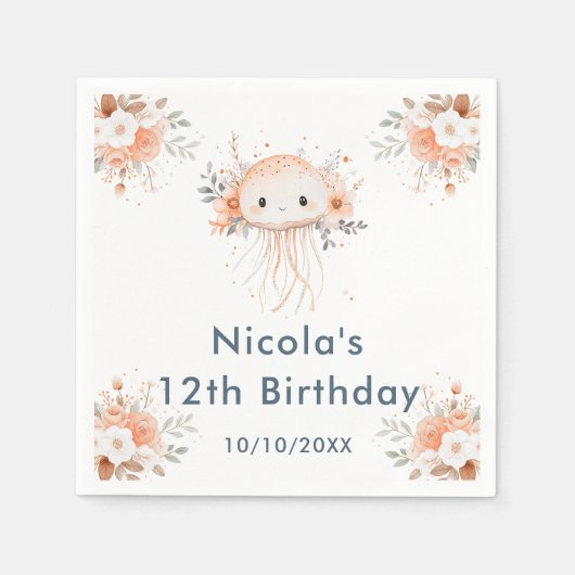 Cute Floral Jellyfish Birthday Party Servet (Voorkant)