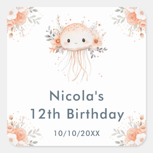 Cute Floral Jellyfish Birthday Party Vierkante Sticker (Voorkant)