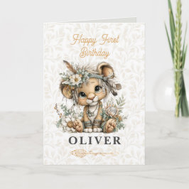 Cute floral lion Happy 1st Birthday Greeting Card Kaart