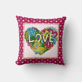 Cute floral LOVE hart, op roze en witte polka stip Kussen
