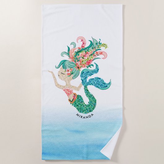 Cute floral mermaid waterverf illustratie strandlaken (Voorkant)