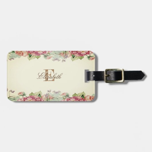 Cute Floral Monogram-Gepersonaliseerd Bagagelabel (Voorkant horizontaal)