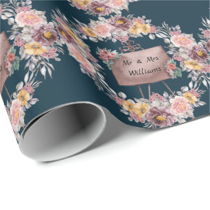 Cute Floral Mr. en Mrs Wedding Navy Blue Cadeaupapier