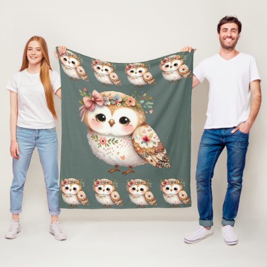 Cute Floral Owl with Bow Fleece Deken (In situ)