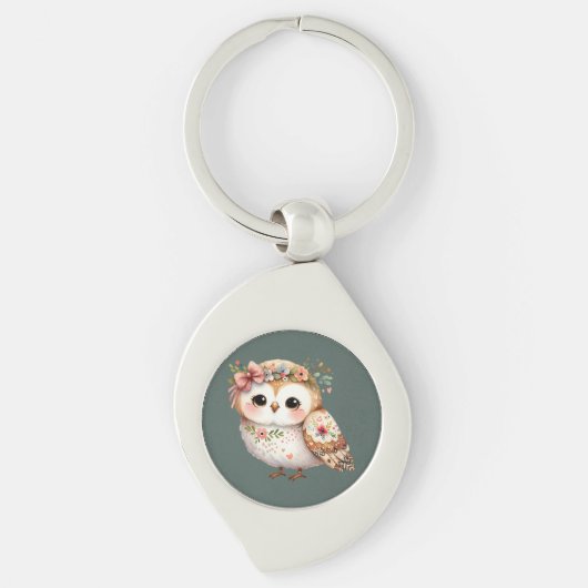Cute Floral Owl with Bow Sleutelhanger (Voorkant)