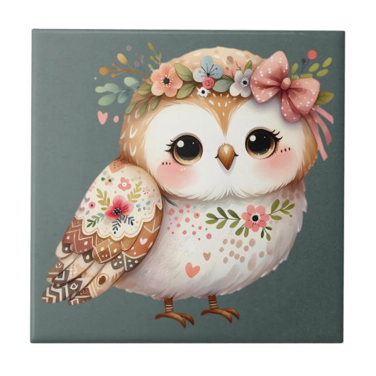 Cute Floral Owl with Bow Tegeltje (Voorkant)