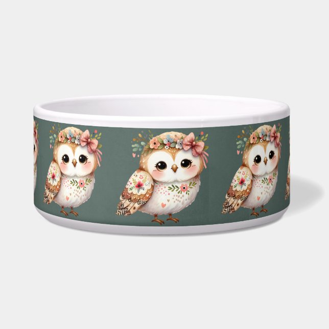 Cute Floral Owl with Bow Voerbakje (Voorkant)