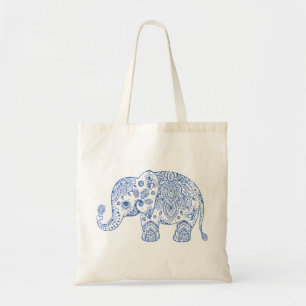 Cute Floral Paisley Elephant Blue Glitter Texture Tote Bag