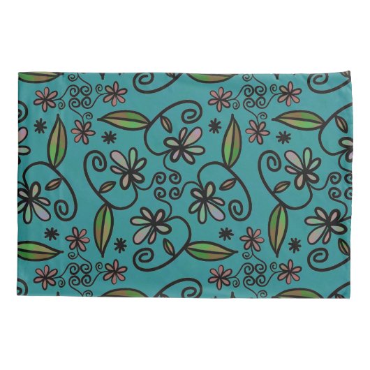 Cute Floral Pattern Teal Kussensloop (Achterkant-Links)