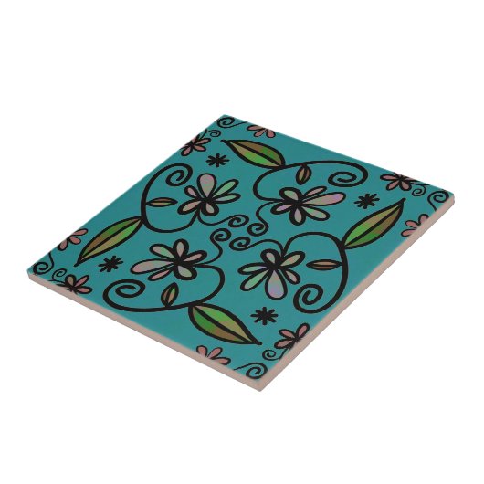 Cute Floral Pattern Teal Tegeltje (Zijkant)