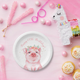 Cute Floral Pig 60th Birthday Papieren Bordje
