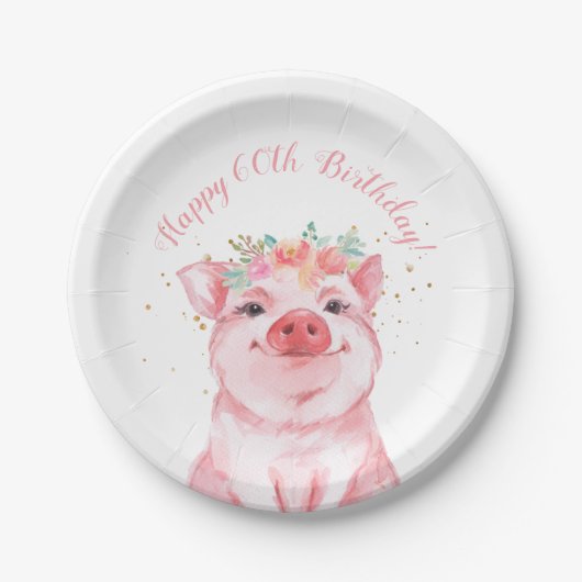 Cute Floral Pig 60th Birthday Papieren Bordje (Voorkant)