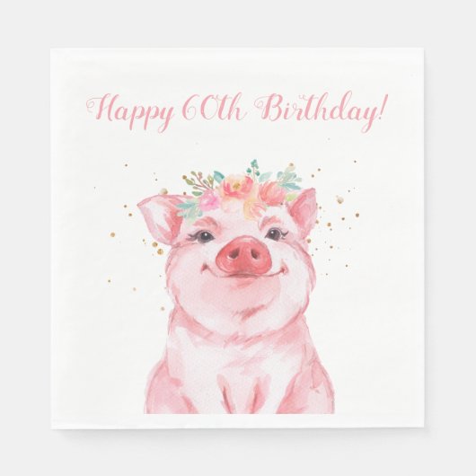 Cute Floral Pig 60th Birthday Servet (Voorkant)