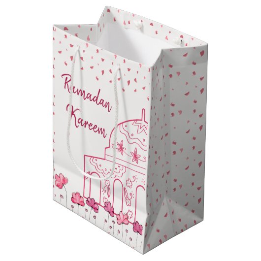 Cute Floral Pink Mosque Islamic Ramadan Kareem Medium Cadeauzakje (Voorkant Gekanteld)