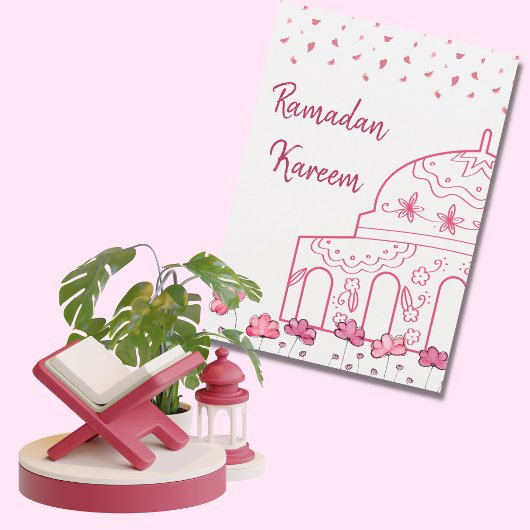 Cute Floral Pink Mosque Islamic Ramadan Mubarak Feestdagenkaart