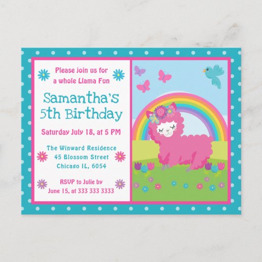 Cute Floral Pink Rainbow Llama Birthday Briefkaart (Voorkant)