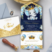 Cute Floral Prince Elephant Navy Blue Baby shower All In One Uitnodiging