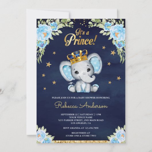 Cute Floral Prince Elephant Navy Blue Baby shower Kaart (Voorkant)