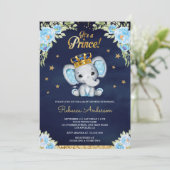 Cute Floral Prince Elephant Navy Blue Baby shower Kaart (Staand voorkant)