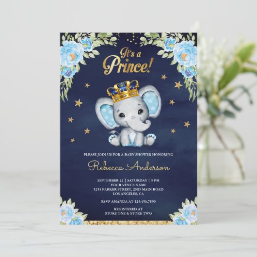 Cute Floral Prince Elephant Navy Blue Baby shower Kaart (Staand voorkant)