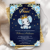 Cute Floral Prince Elephant Navy Blue Baby shower Kaart