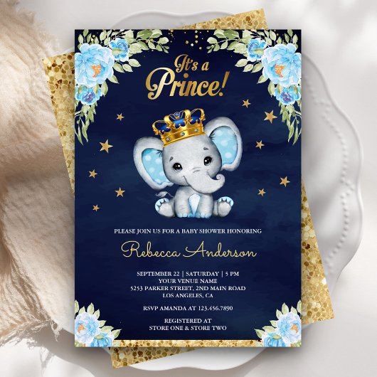 Cute Floral Prince Elephant Navy Blue Baby shower Kaart