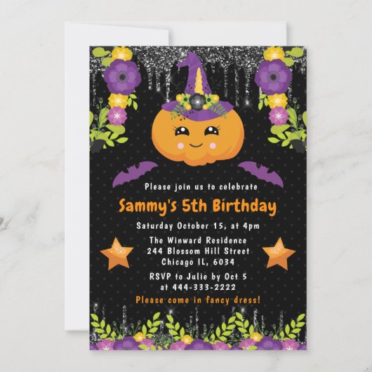 Cute Floral Pumpkin Halloween Birthday Party Kaart (Voorkant)