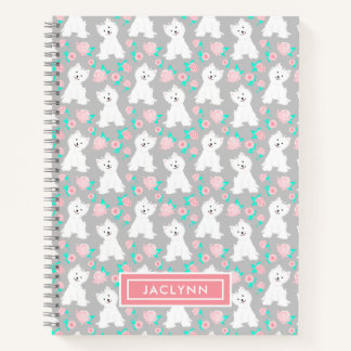 Cute Floral Puppy Pattern | Gepersonaliseerd | Gri Notitieboek