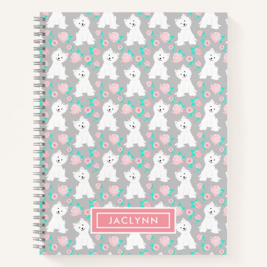Cute Floral Puppy Pattern | Gepersonaliseerd | Gri Notitieboek (Voorkant)