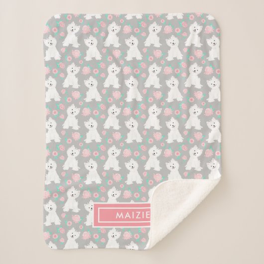 Cute Floral Puppy Pattern | Gepersonaliseerd grijs Sherpa Deken (Voorkant)